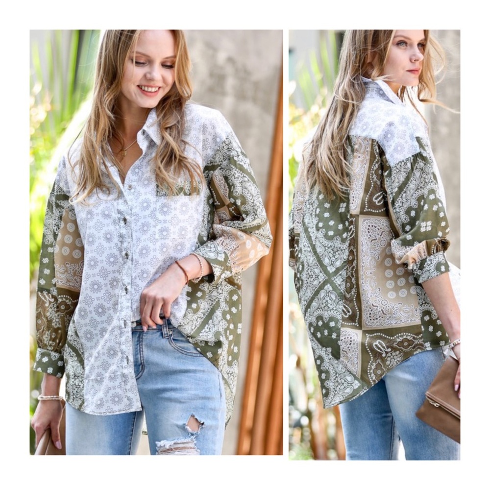 Vintage Olive Medallion Patchwork Oversized Blouse - Picture 6 of 7
